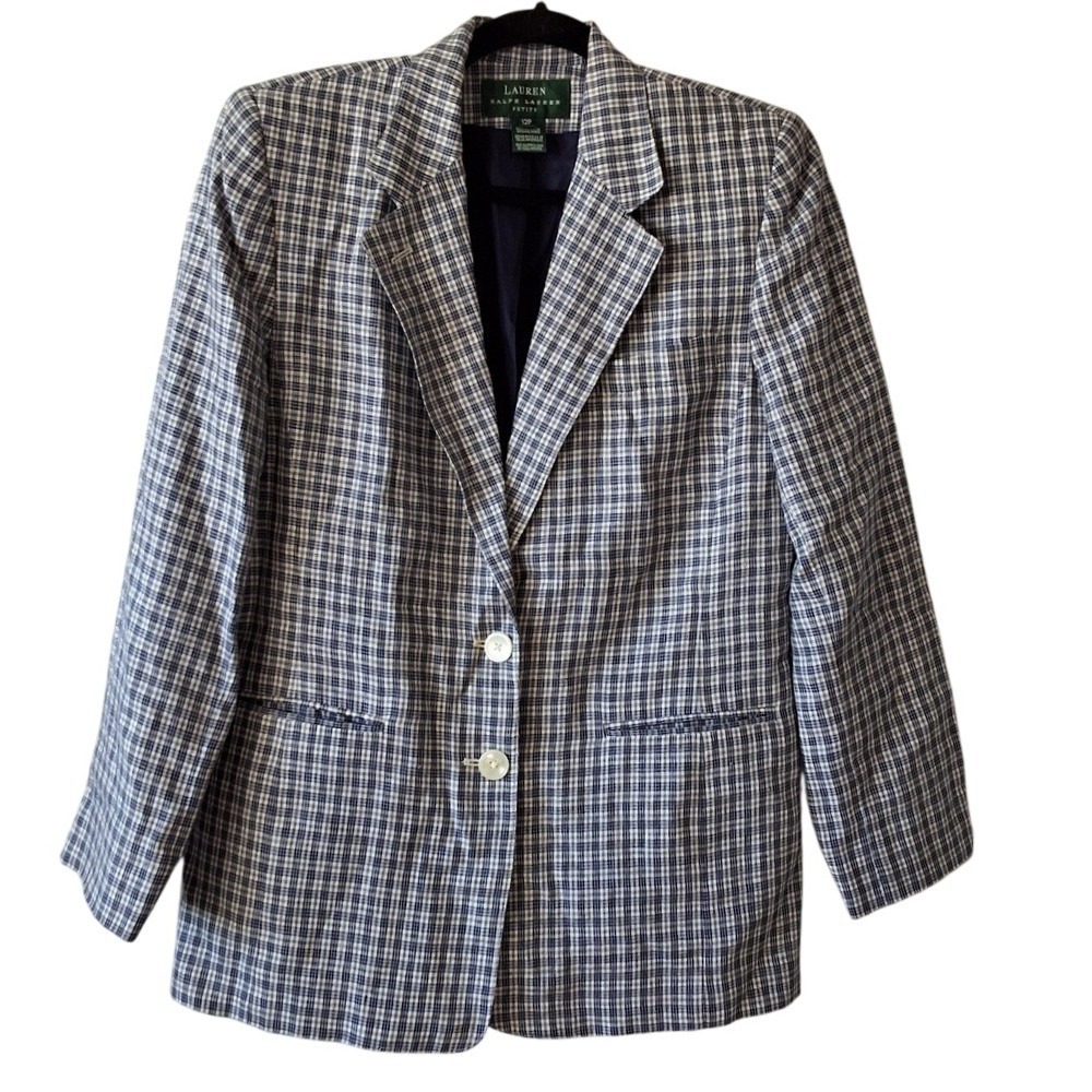 LAUREN Ralph Lauren plaid blazer 100% Linen Petite 12P Academia Twee Vintage
